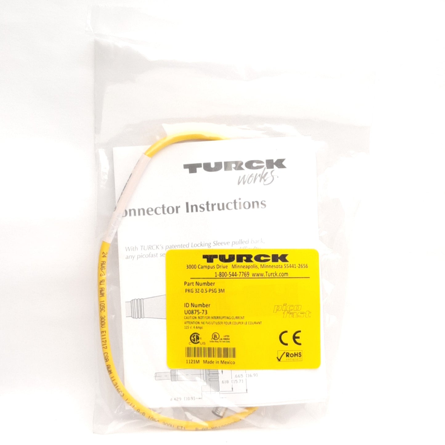 New Turck PKG 3Z-0.5-PSG 3M U0875-73 Sensor Cordset, Snap On M8 3-Pin to Threaded M8