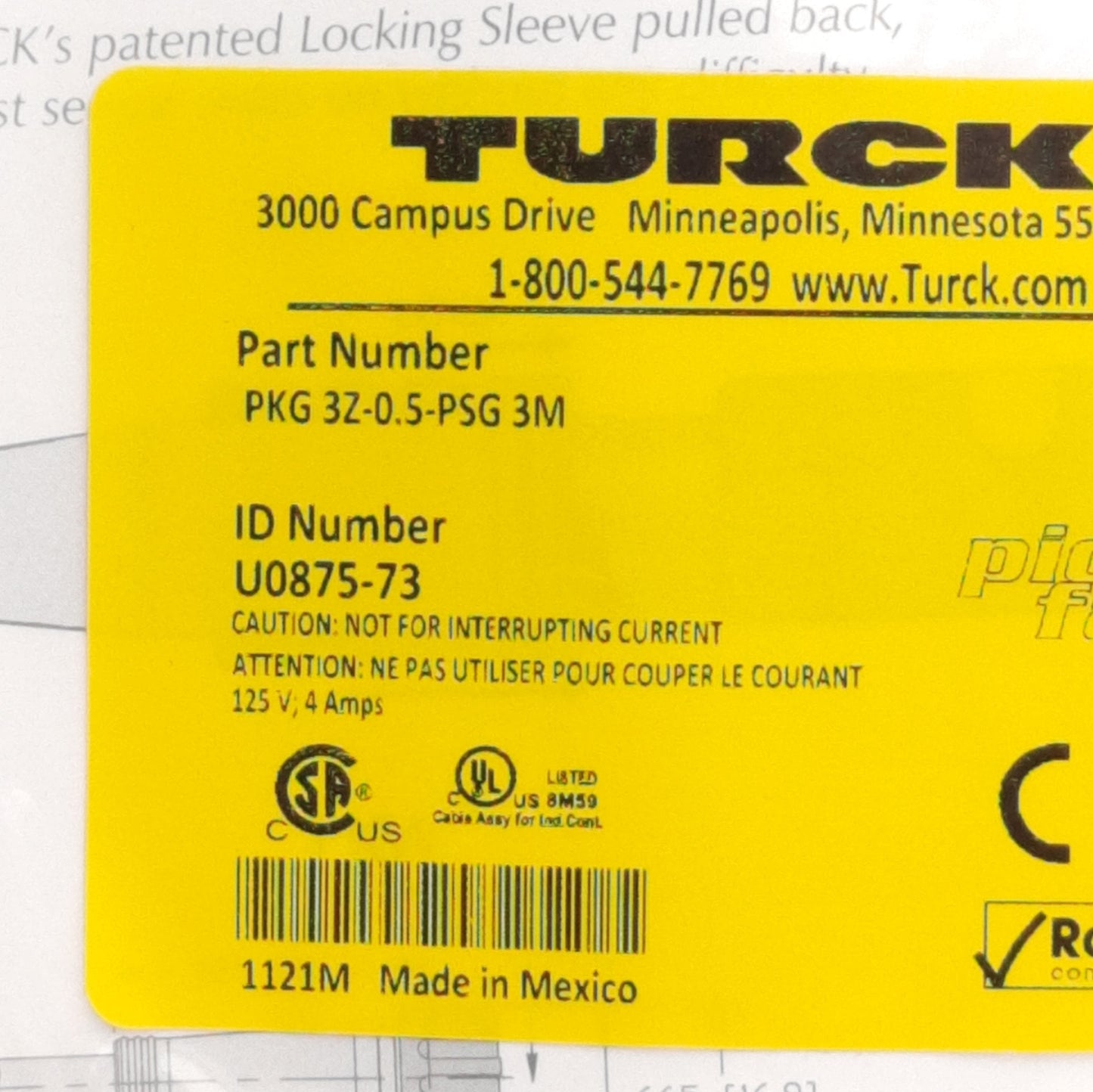 New Turck PKG 3Z-0.5-PSG 3M U0875-73 Sensor Cordset, Snap On M8 3-Pin to Threaded M8