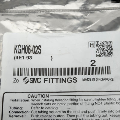 New Lot of 2 SMC KGH06-02S Pneumatic Fitting, ø6mm One Touch Port, R1/4 Male, 1.0MPa