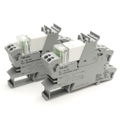 New – Open box Lot of 2 Wago 788-404 Relays & Sockets, SPDT 250VAC 16A, DIN Rail, 24VDC Coil