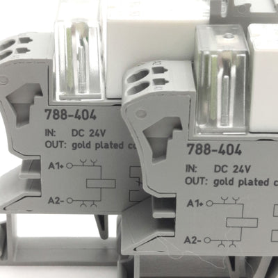 New – Open box Lot of 2 Wago 788-404 Relays & Sockets, SPDT 250VAC 16A, DIN Rail, 24VDC Coil