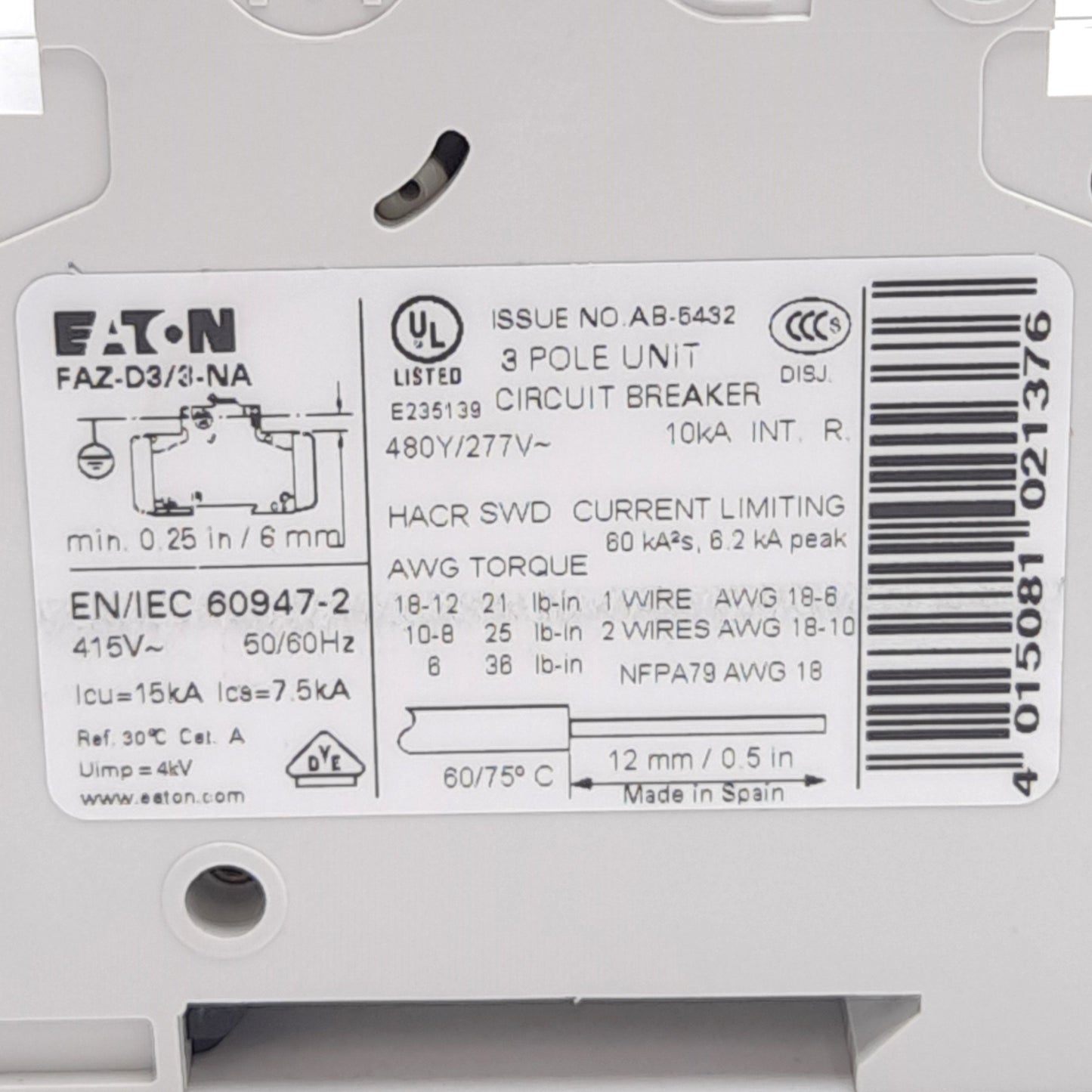 New Eaton FAZ-D3/3-NA Miniature Circuit Breaker 3-Pole, 3A, 277/480VAC