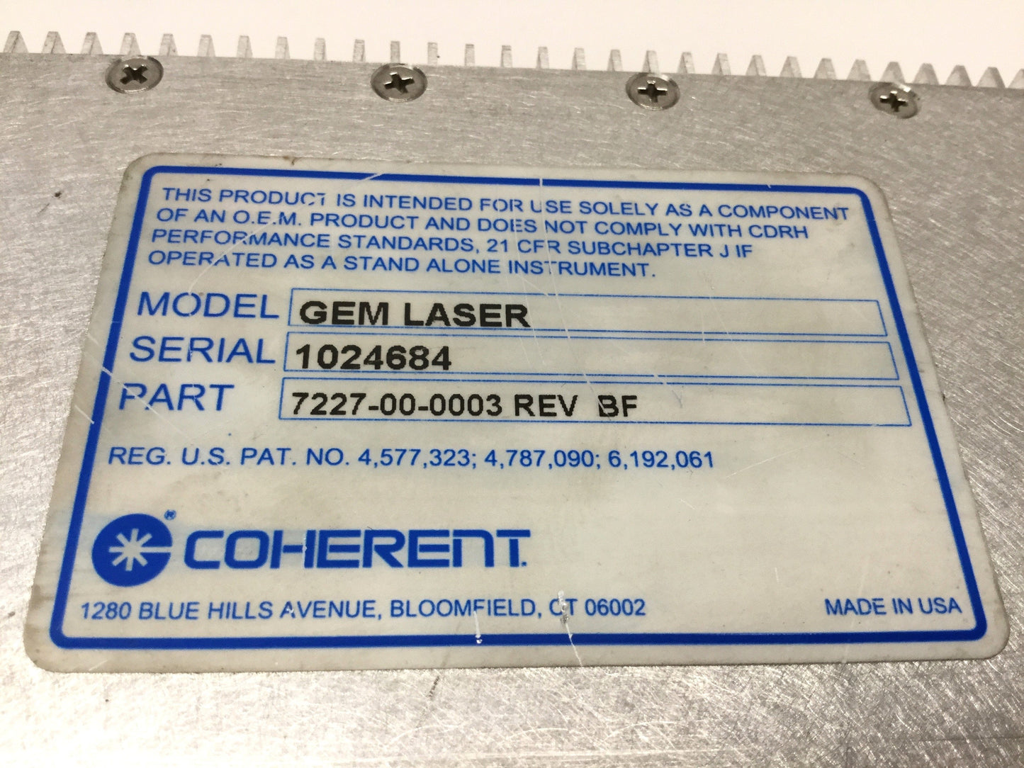 Used Coherent Gem 7227-00-0003 BF Low Power 30W CO2 Laser 48VDC 12A Air-Cooled