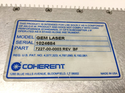 Used Coherent Gem 7227-00-0003 BF Low Power 30W CO2 Laser 48VDC 12A Air-Cooled