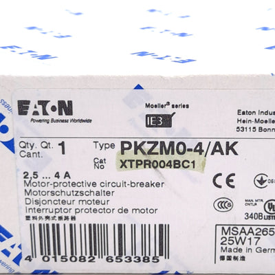 New Eaton PKZM0-4/AK XTPR004BC1 Motor Protective Circuit Breaker, 3-Pole, 2.5-4A