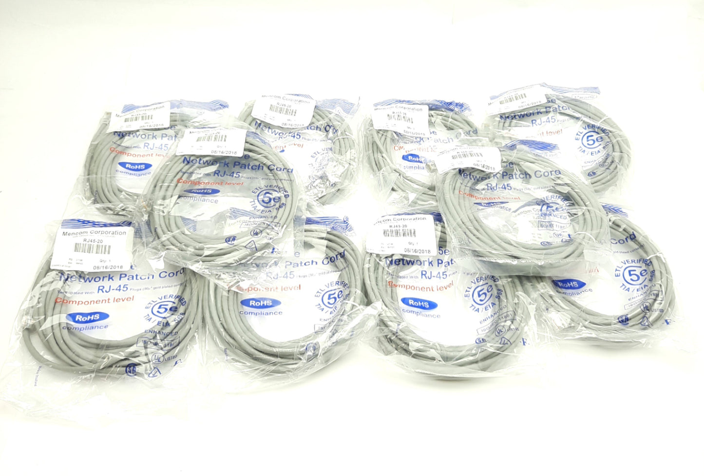 New Lot of 10 Mencom RJ45-20 Ethernet Patch Cable, Cat5e, RJ45 Male, 20ft Length
