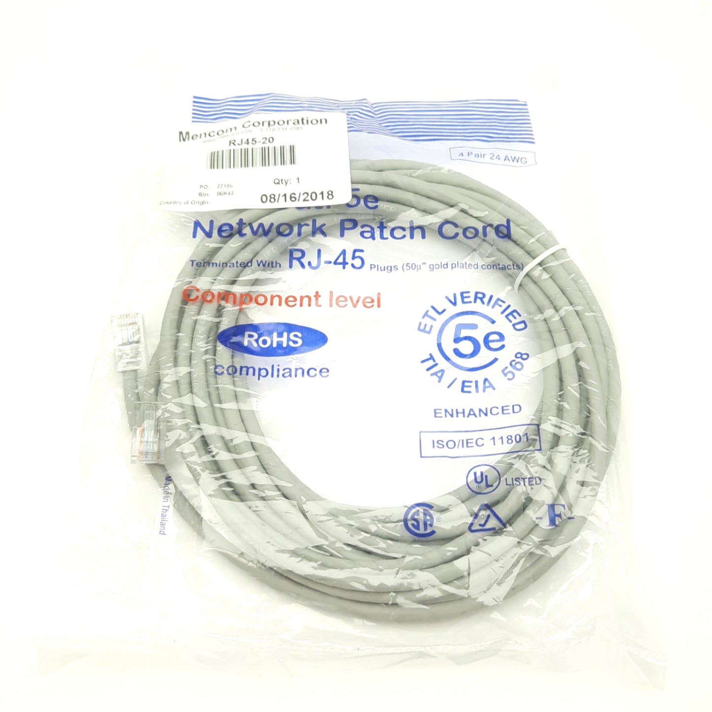 New Lot of 10 Mencom RJ45-20 Ethernet Patch Cable, Cat5e, RJ45 Male, 20ft Length