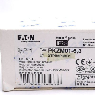 New Eaton PKZM01-6,3 XTPB6P3BC1 Motor Protective Circuit Breaker, 3-Pole, 4-6.3A