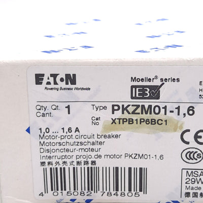 New Eaton PKZM01-1,6 XTPB1P6BC1 Motor Protective Circuit Breaker, 3-Pole, 1-1.6A
