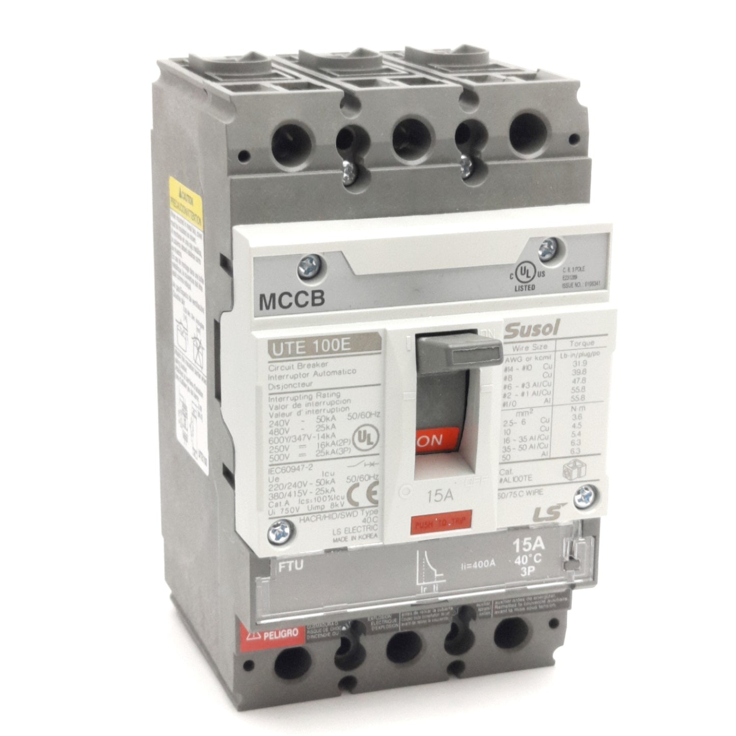 New – Open box LS Electric UTE100E-15A-3P-LL-UL Circuit Breaker, 15A 3-Pole, 600VAC/500VDC