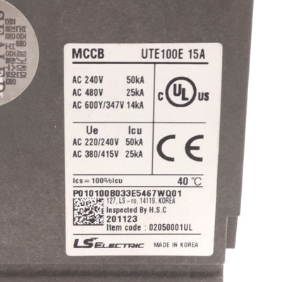 New – Open box LS Electric UTE100E-15A-3P-LL-UL Circuit Breaker, 15A 3-Pole, 600VAC/500VDC