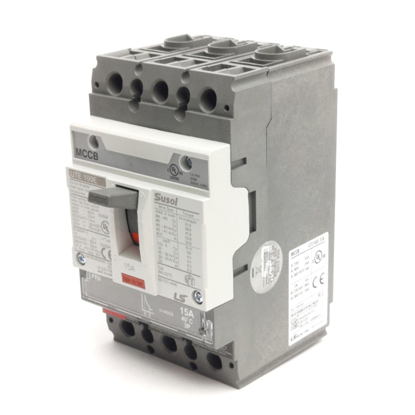 New – Open box LS Electric UTE100E-15A-3P-LL-UL Circuit Breaker, 15A 3-Pole, 600VAC/500VDC