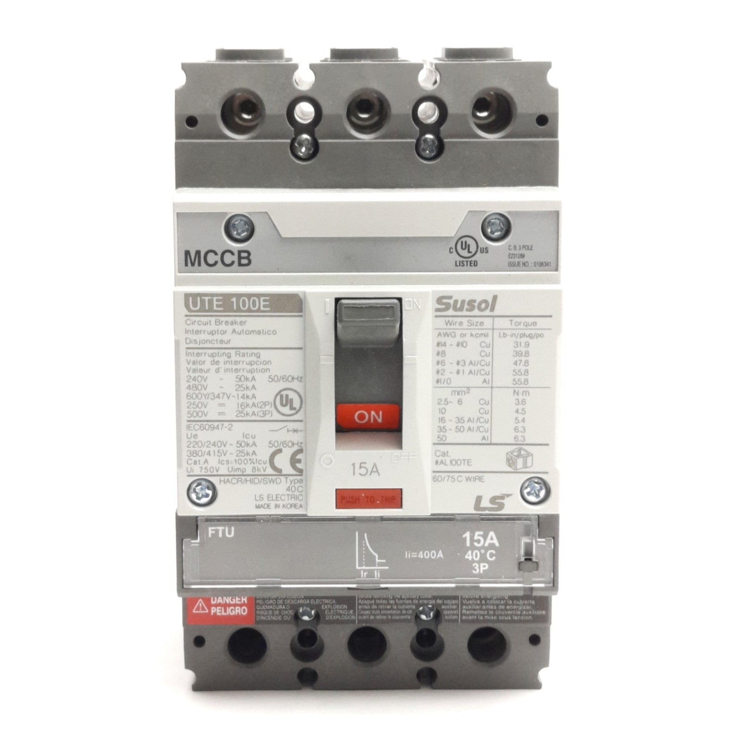 New – Open box LS Electric UTE100E-15A-3P-LL-UL Circuit Breaker, 15A 3-Pole, 600VAC/500VDC