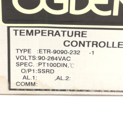 New OGDEN ETR-9090-232 Temp Controller, Input: RTD PT100Ω DIN43760, 90-264VAC Supply