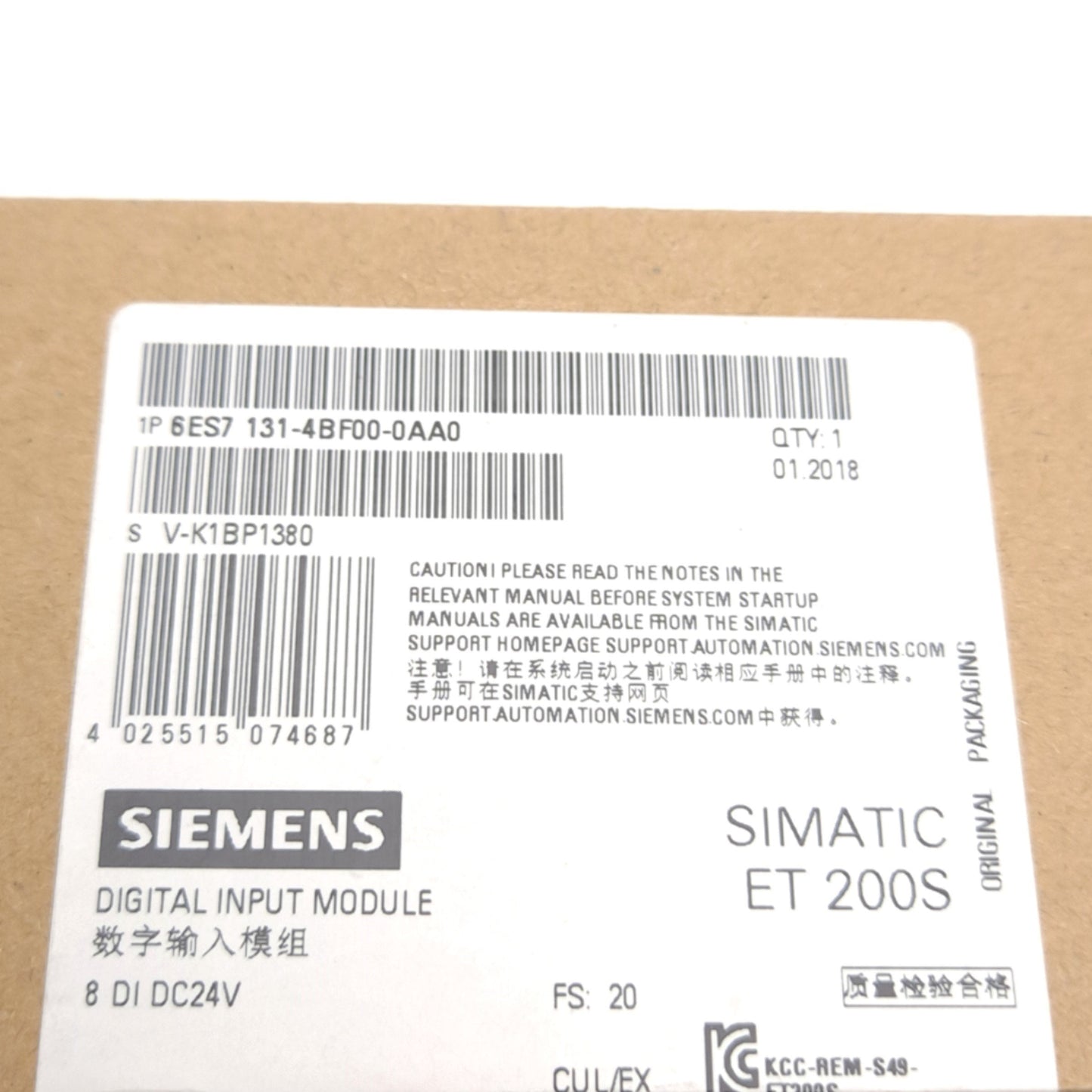 New Siemens 6ES7131-4BF00-0AA0 Digital Input Module, 8-Input, 24VDC, For ET 200S