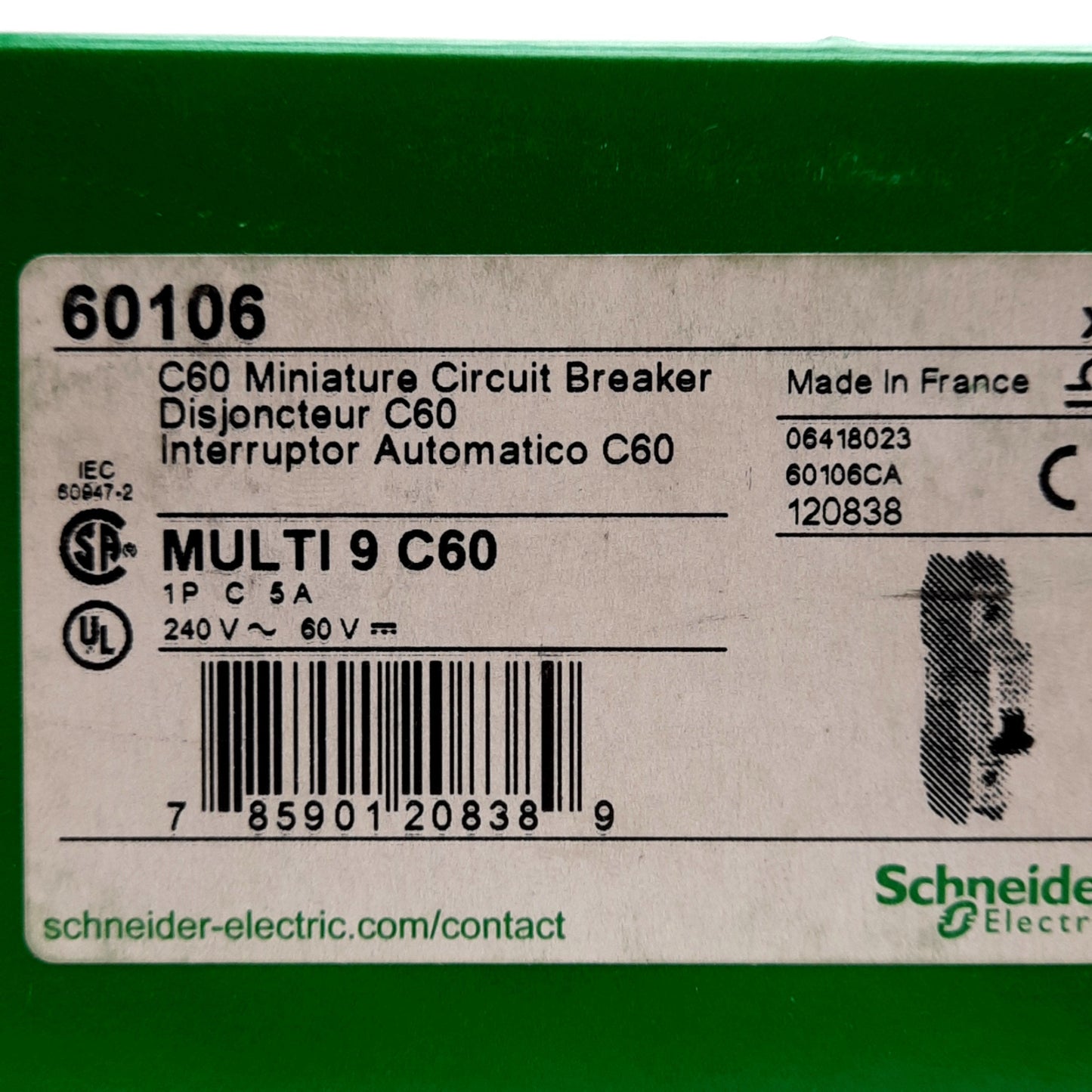 New Schneider Electric 60106 Circuit Breaker, C-Curve, 5A 240VAC/60VDC, DIN Rail
