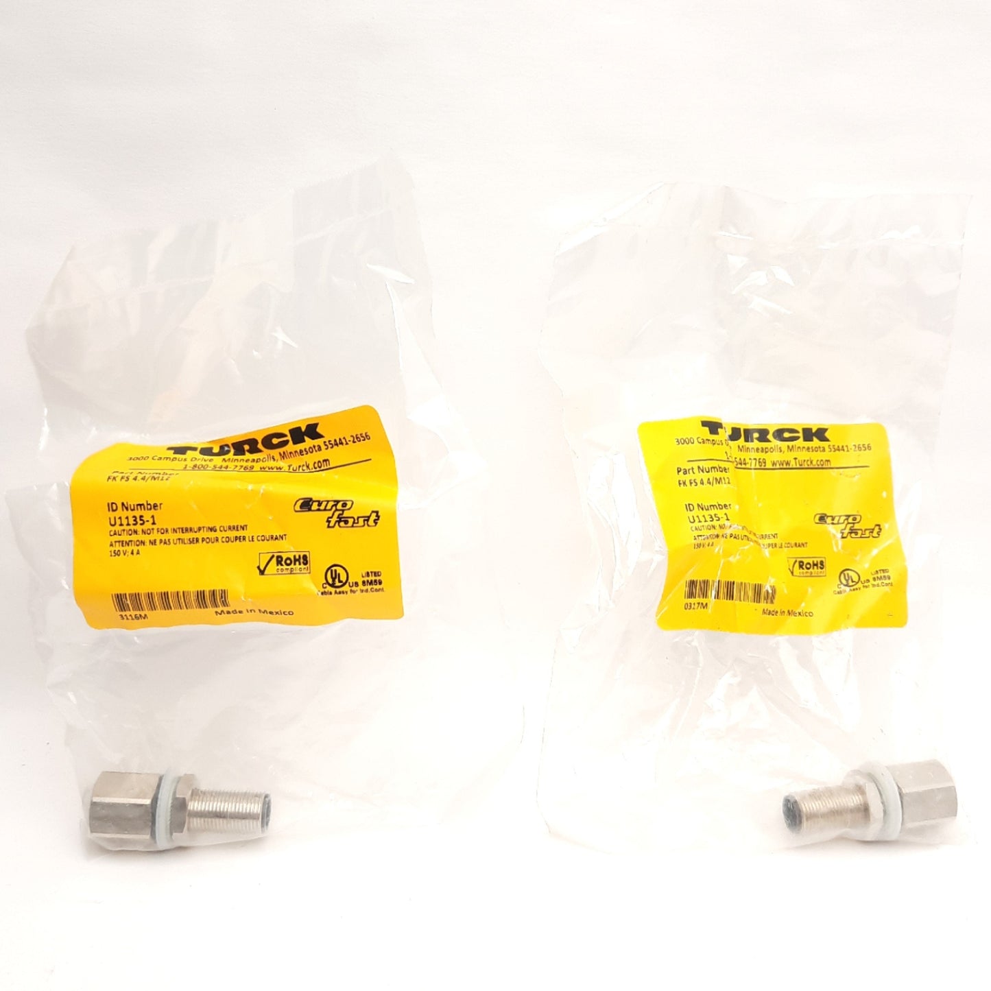 New Lot of 2 Turck FK FS 4.4/M12 Panel Mounted Receptacle, M12 4-Pin Male to Female
