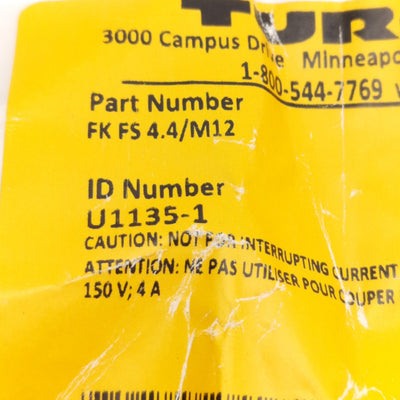 New Lot of 2 Turck FK FS 4.4/M12 Panel Mounted Receptacle, M12 4-Pin Male to Female