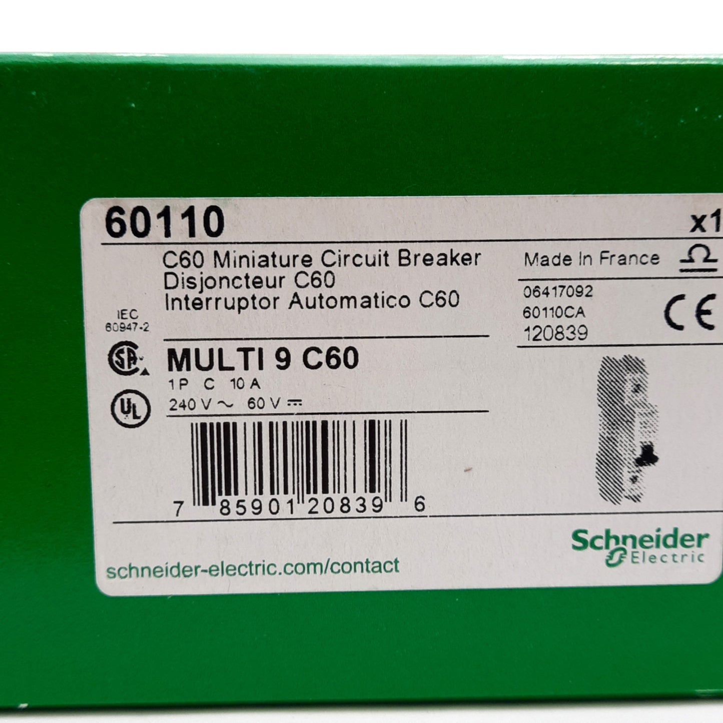 New Schneider Electric 60110 Circuit Breaker, C-Curve, 10A 240VAC/60VDC, DIN Rail