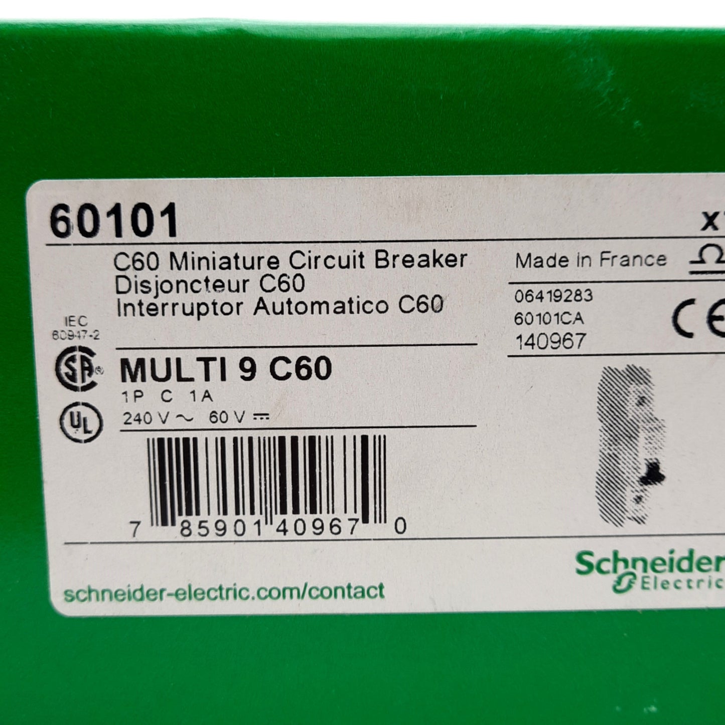 New Schneider Electric 60101 Circuit Breaker, C-Curve, 1A 240VAC/60VDC, DIN Rail