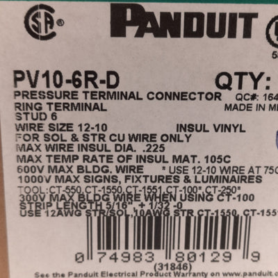 New – Open box Lot of 125 Panduit PV10-6R-D Pressure Ring Terminal Connectors, #6 Stud