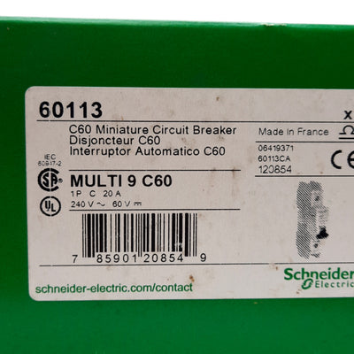 New Schneider Electric 60113 Circuit Breaker, C-Curve, 20A 240VAC/60VDC, DIN Rail
