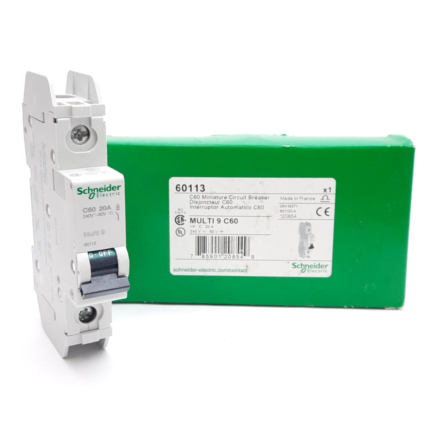 New Schneider Electric 60113 Circuit Breaker, C-Curve, 20A 240VAC/60VDC, DIN Rail