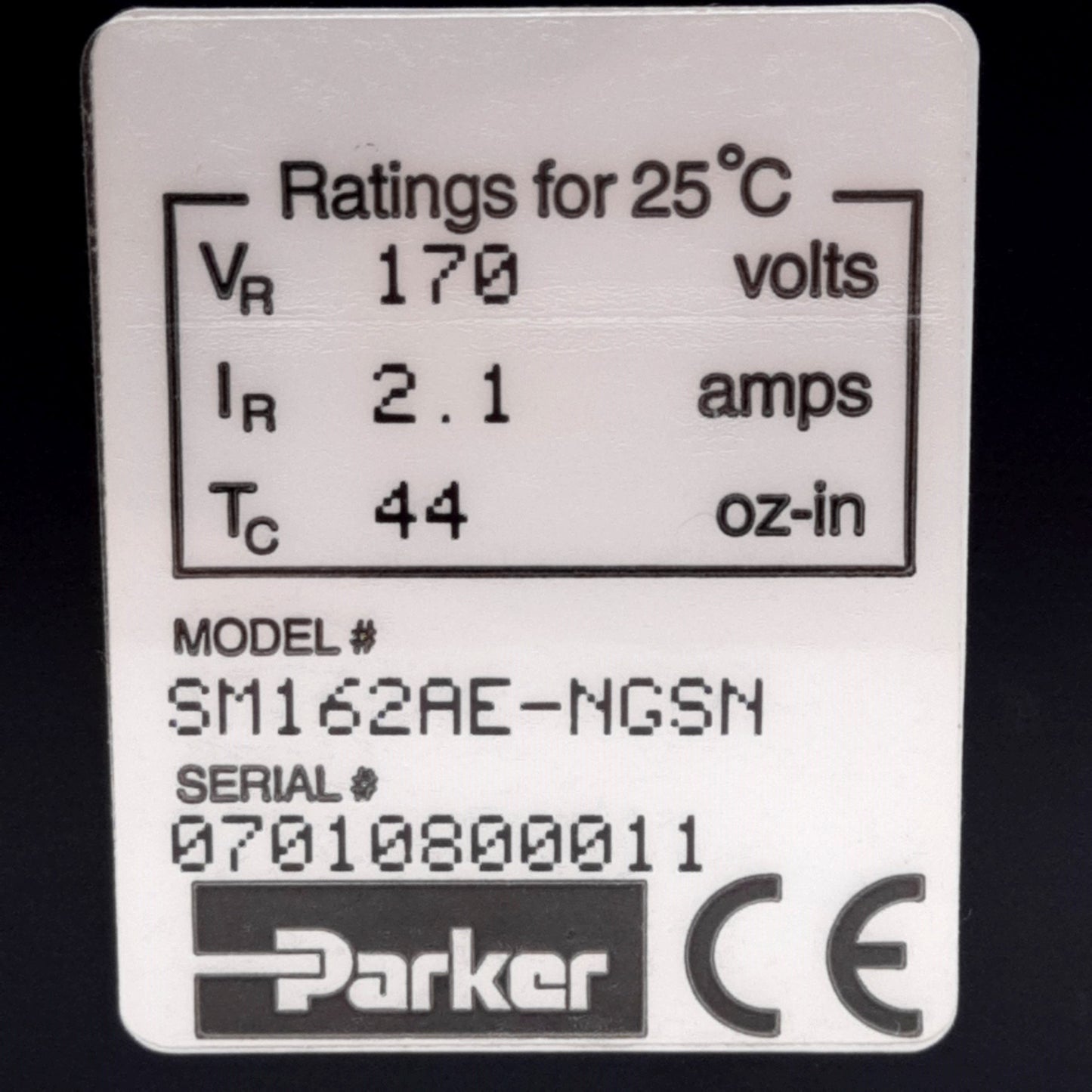 Used Parker SM162AE-NGSN Servo Motor, 1000PPR, 170V 2.1A, 44oz-in, 7500RPM, NEMA 16