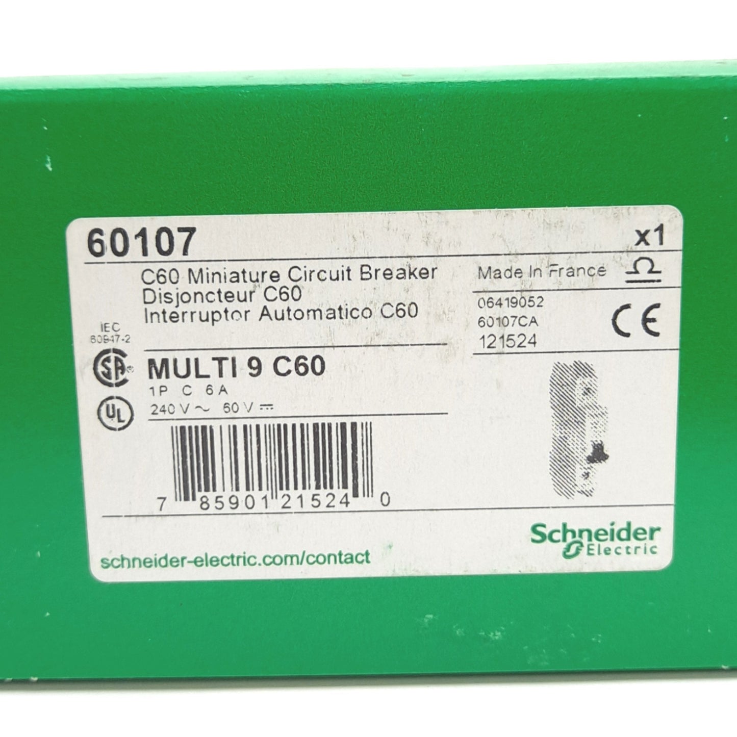 New – Open box Schneider Electric 60107 Miniature Circuit Breaker, 1-Pole, 240VAC/60VDC 6A