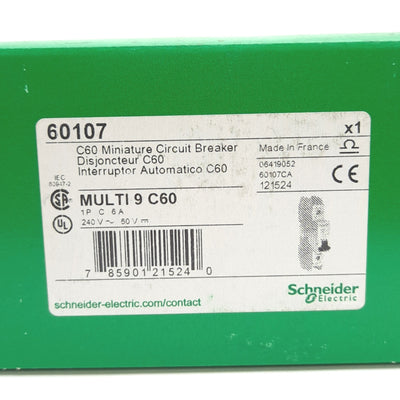 New – Open box Schneider Electric 60107 Miniature Circuit Breaker, 1-Pole, 240VAC/60VDC 6A