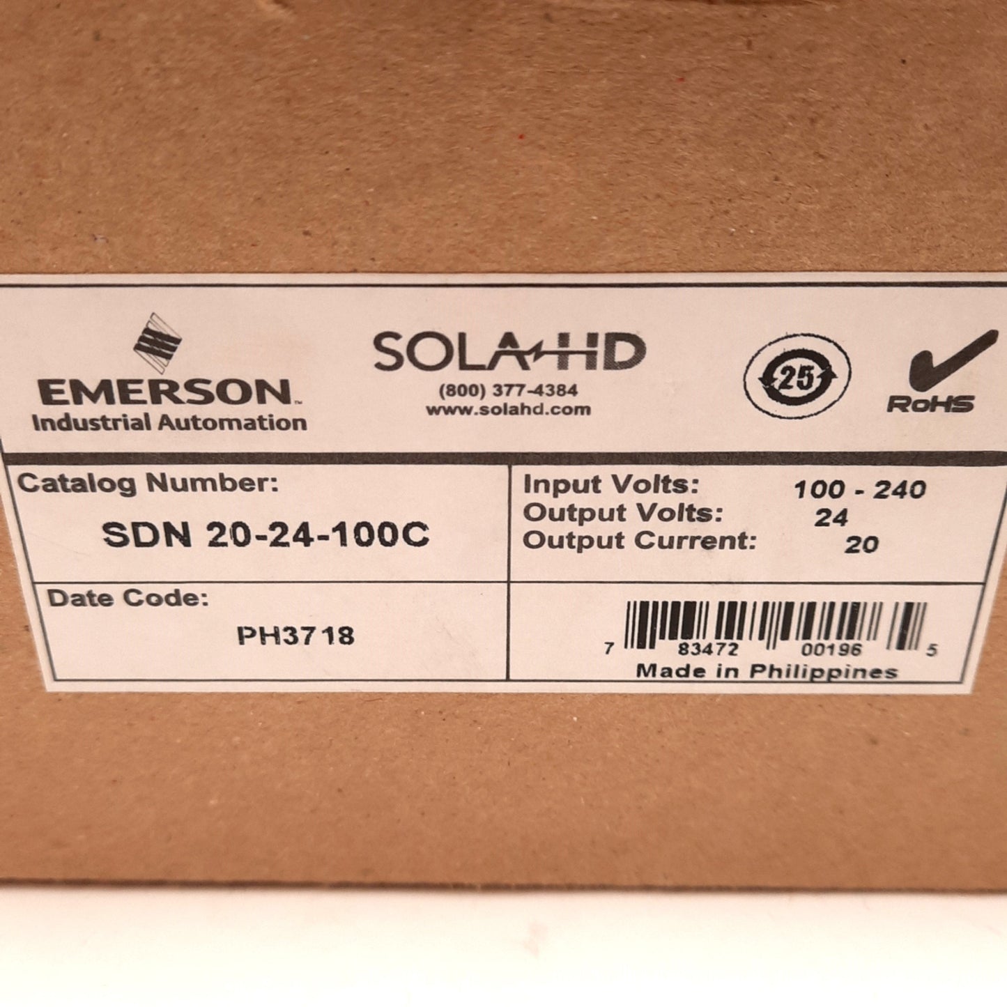 New Emerson SDN 20-24-100C Sola Power Supply, 100-240VAC or 100-250VDC IN, 24VDC OUT