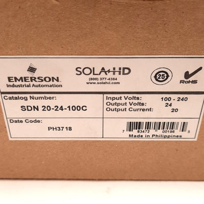 New Emerson SDN 20-24-100C Sola Power Supply, 100-240VAC or 100-250VDC IN, 24VDC OUT
