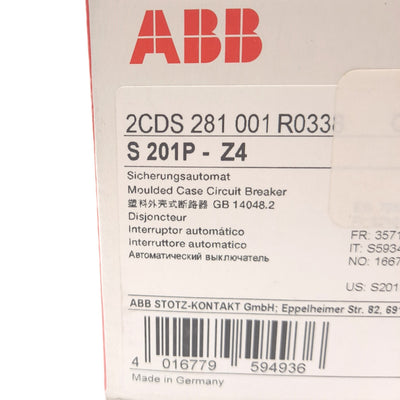 New – Open box ABB S201P-Z4 Miniature Circuit Breaker, 1-Pole, 277VAC 4A Rating, Z Curve