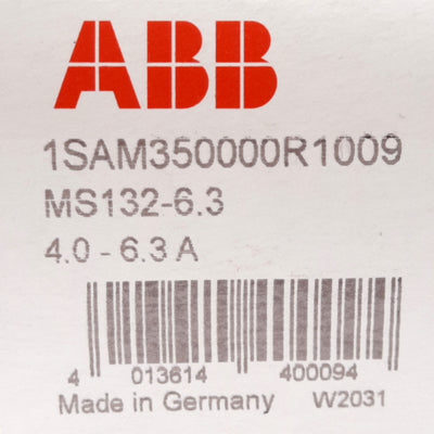 New ABB MS132-6.3 Manual Motor Starter, 3-Pole, 690VAC/250VDC, 4.0-6.3A, DIN Rail