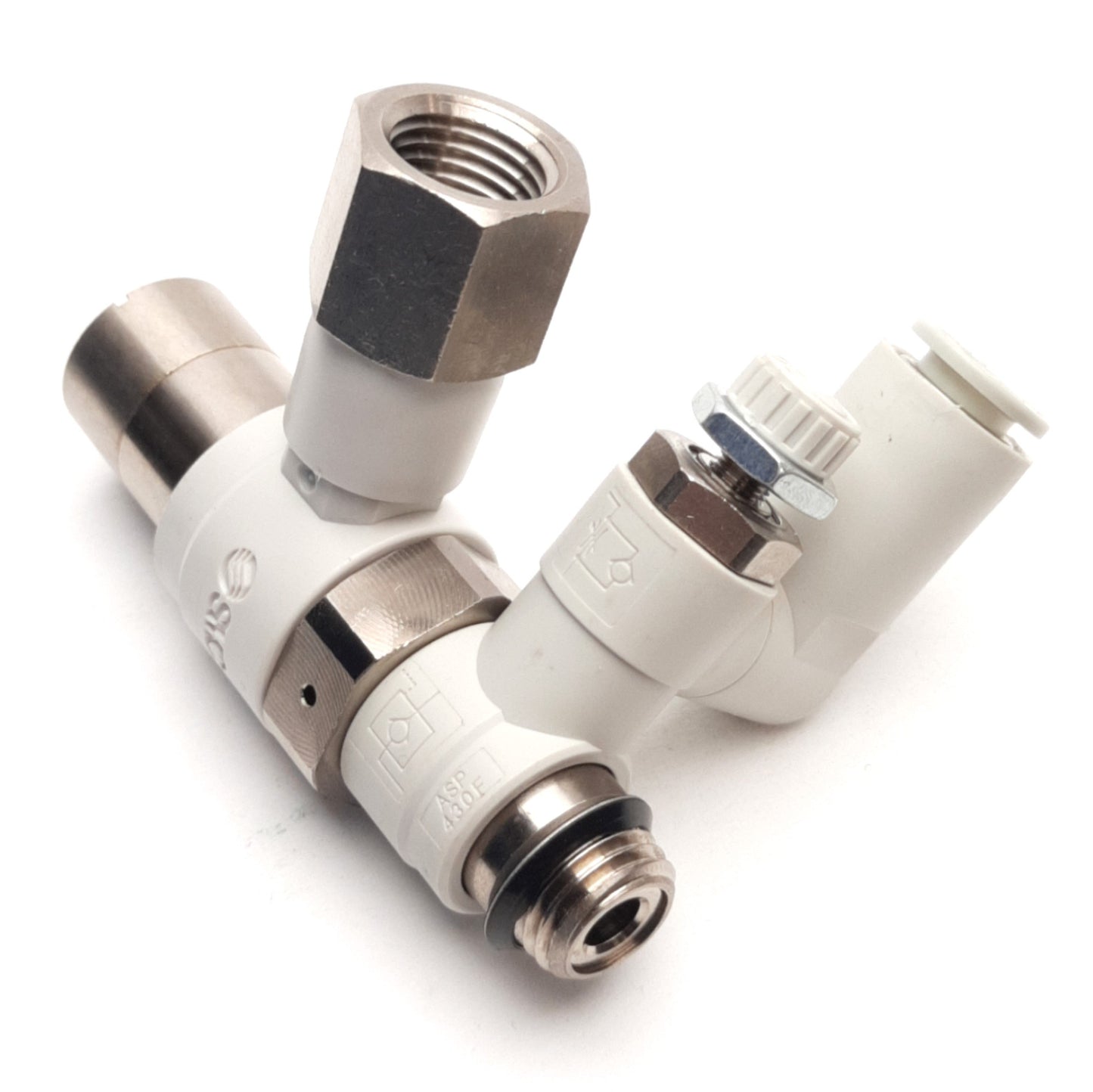 Used SMC ASP430F-U02-08-X352 Speed Control w/ Check Valve, 8mm Tube to 1/4" G Thread