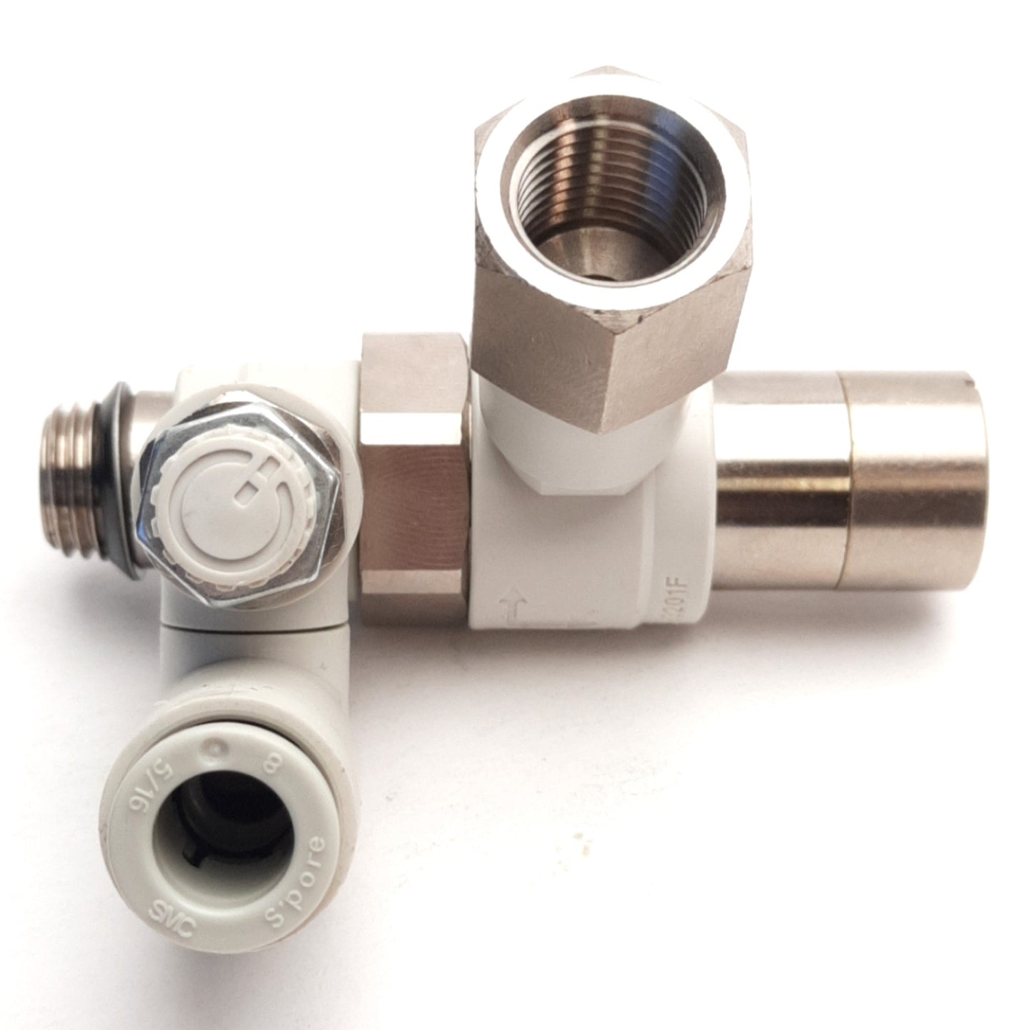 Used SMC ASP430F-U02-08-X352 Speed Control w/ Check Valve, 8mm Tube to 1/4" G Thread