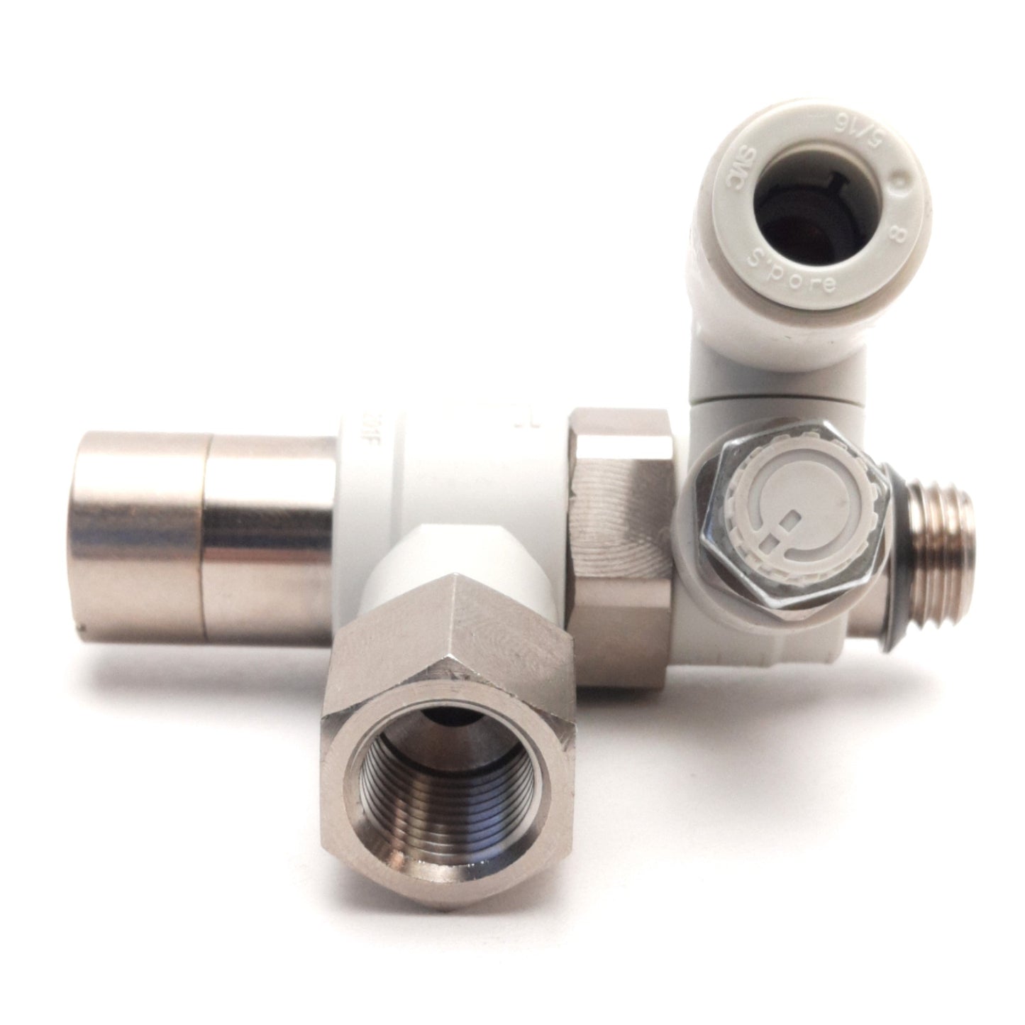 Used SMC ASP430F-U02-08-X352 Speed Control w/ Check Valve, 8mm Tube to 1/4" G Thread