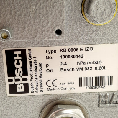 Used Busch RB 0006 E IZO Vacuum Pump, 3/8in NPT Port, 2-4hPa, 3300RPM, 100V, 0.55kW