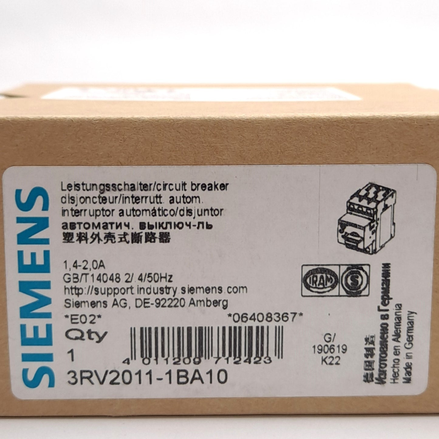 New Siemens 3RV2011-1BA10 Sirius Circuit Breaker, 3-Pole, 1.4-2A, 20-690V
