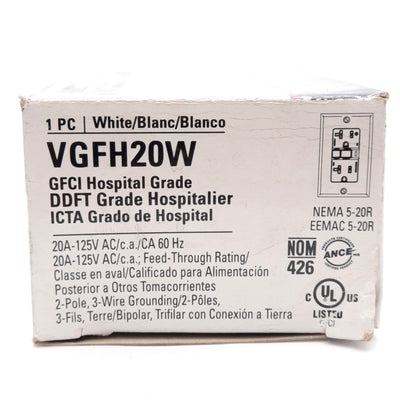 New Cooper VGFH20W Hospital Grade GFCI Receptacle, White, 20A 125VAC, NEMA 5-20R