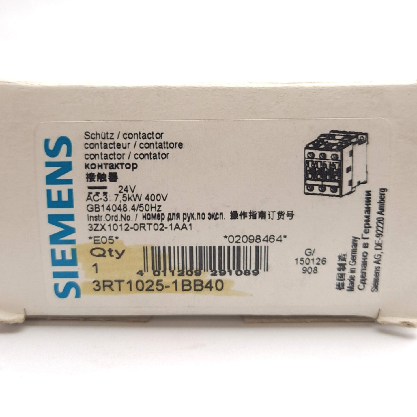 New – Open box Siemens 3RT1025-1BB40 Power Contactor, 3-Pole, 24VDC Coil, 35A 600VAC Contact