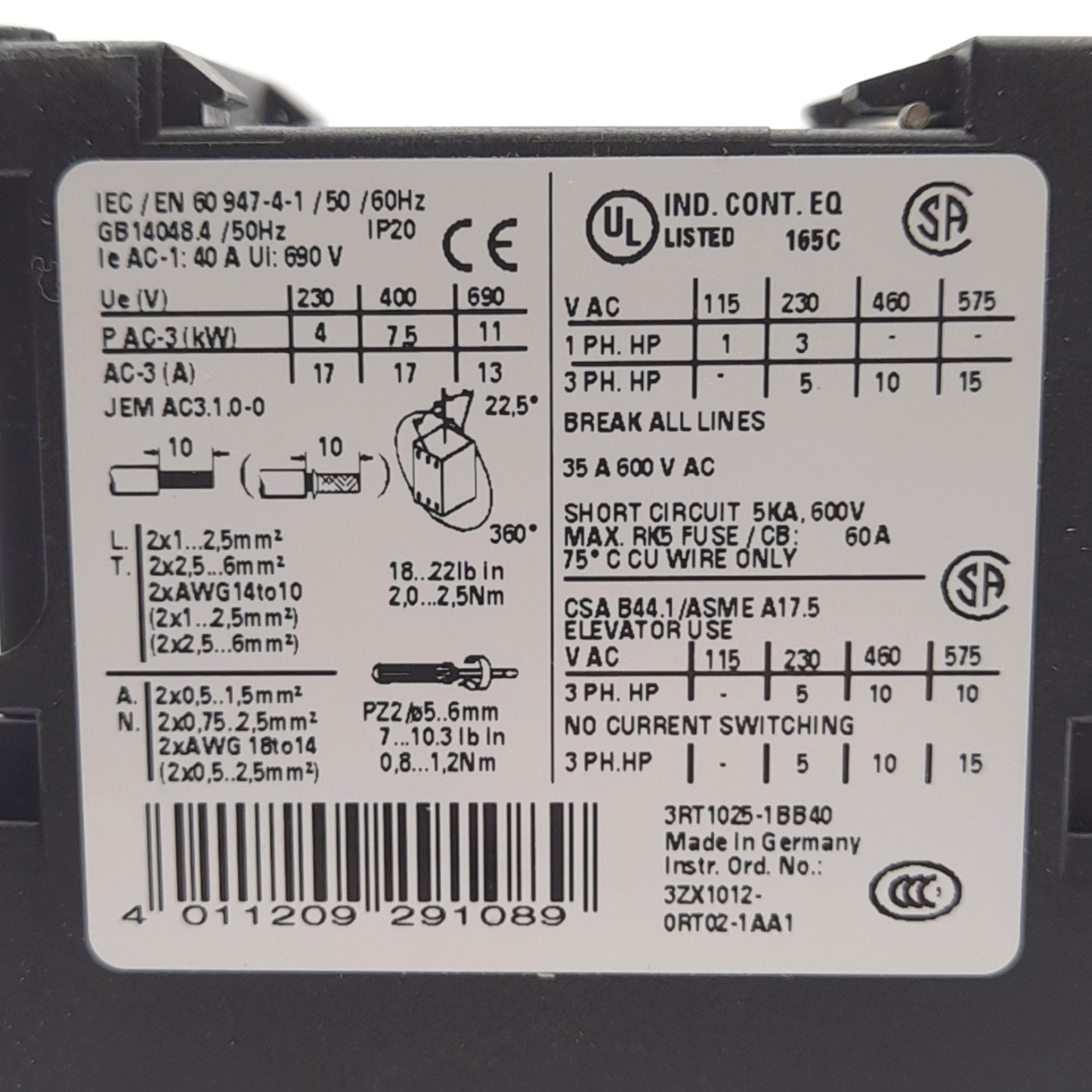 New – Open box Siemens 3RT1025-1BB40 Power Contactor, 3-Pole, 24VDC Coil, 35A 600VAC Contact