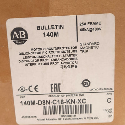 New Allen Bradley 140M-D8N-C16-KN-XC Motor Protection Circuit Breaker, 3-Pole, 16A