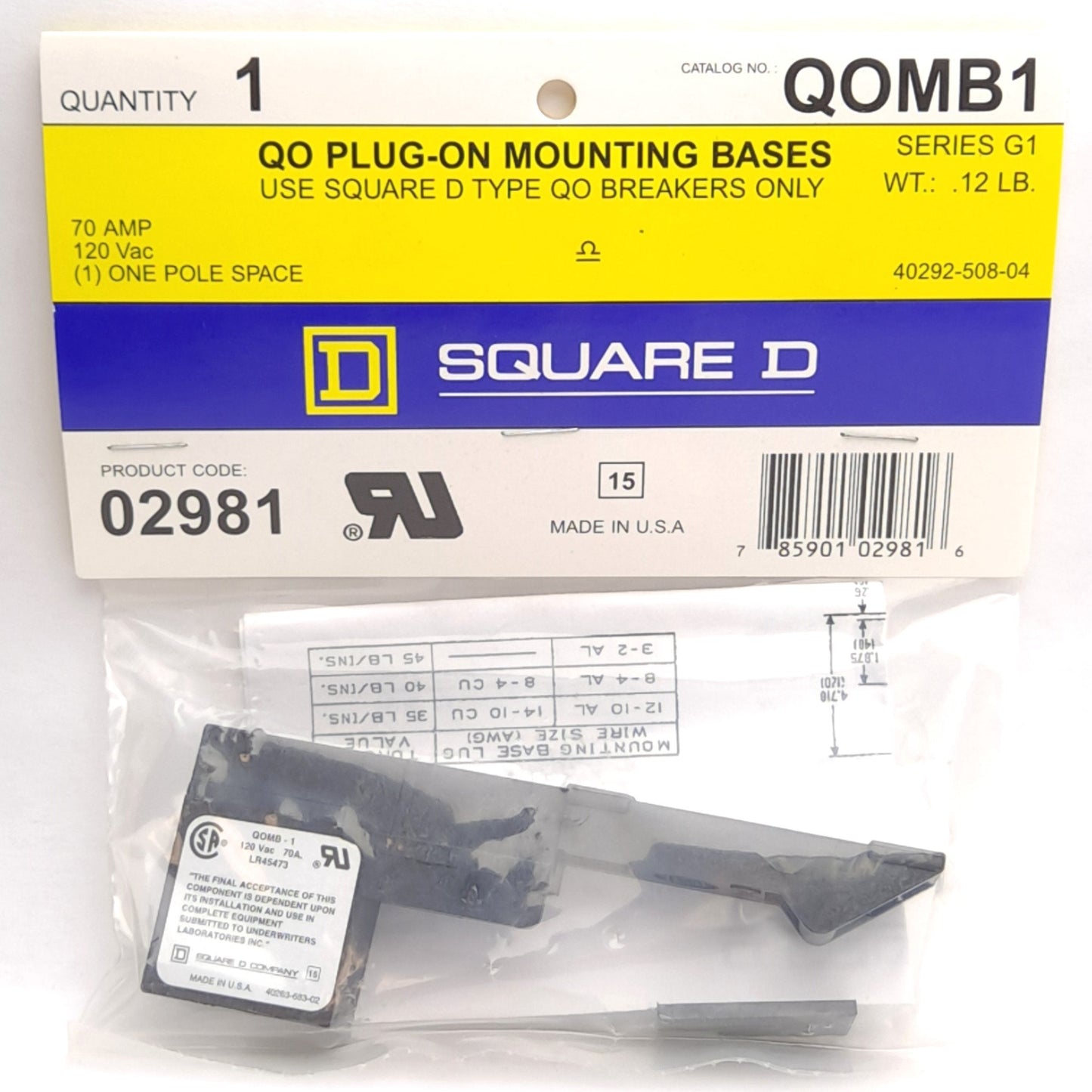 New Square D QOMB-1 02981 Plug-On Circuit Breaker Mounting Base, 1-Pole, 120VAC 70A