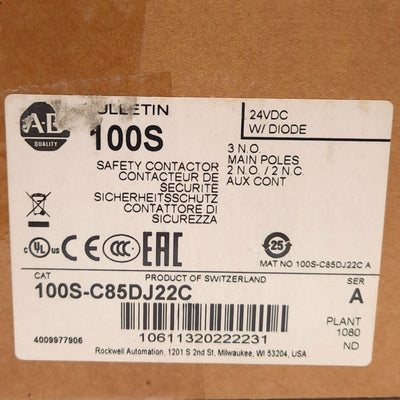New Allen Bradley 100S-C85DJ22C Safety Contactor, 24VDC Coil, 85A, 3 N.O. Poles
