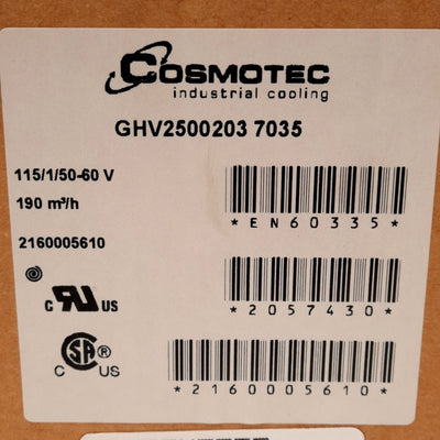New Cosmotec GHV2500203 Filter Fan, 9.84 x 9.84 x 5.29in, 112CFM, 54dB, 115VAC
