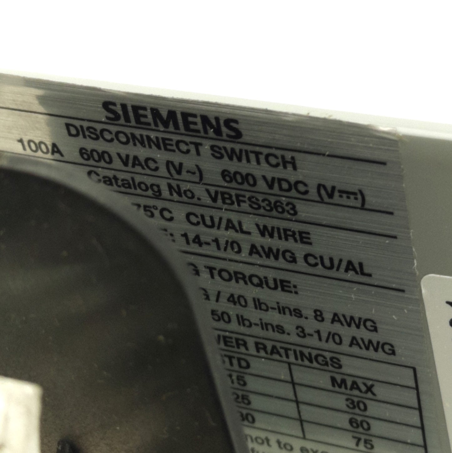 New – Open box Siemens VBFS363 Disconnect Load Switch, 3-Poles, 100A, 600V AC/DC, 75HP Max