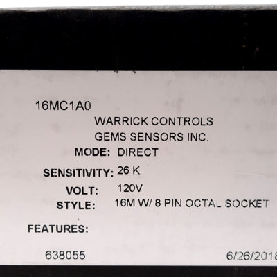 New Warrick Controls 16MC1A0 Solid State Relay, 8-Pin Octal, 120VAC Supply, 1NC+1NO