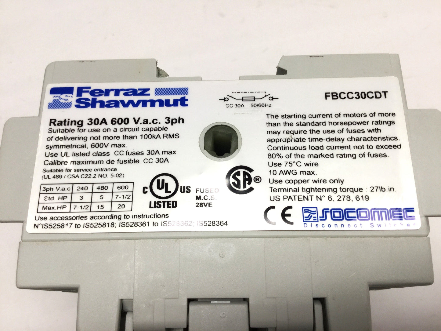 Used Ferraz Shawmut Socomec FBCC30CDT CD CC Fusible Disconnect Switch, 30A 600VAC 3PH