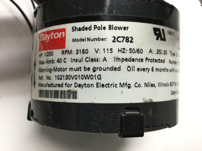 Used Dayton 2C782 Centrifugal Fan Ø1.25" Blower Motor 115VAC, 3160RPM, 1/250HP